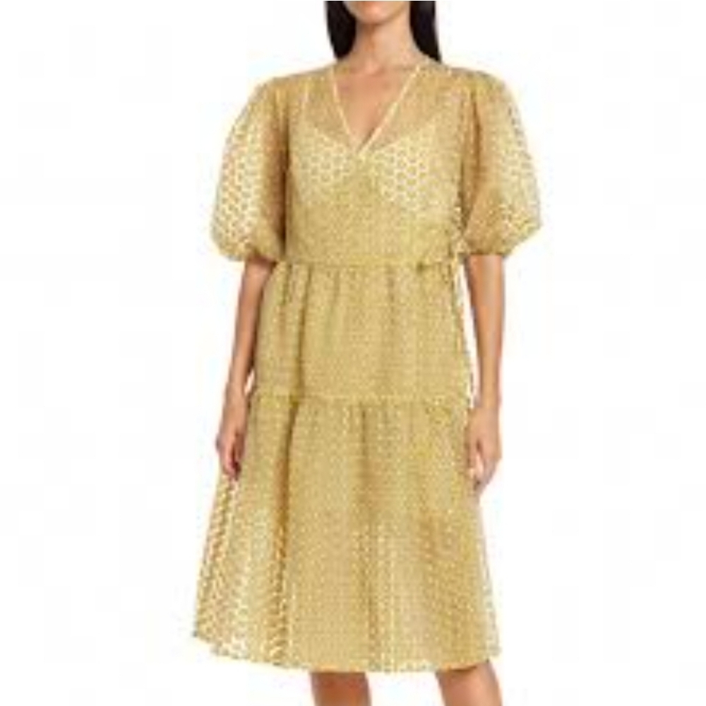 NWT Topshop Women's Sheer Puff Sleeve Wrap Midi Dress Daisy Print Size 8
